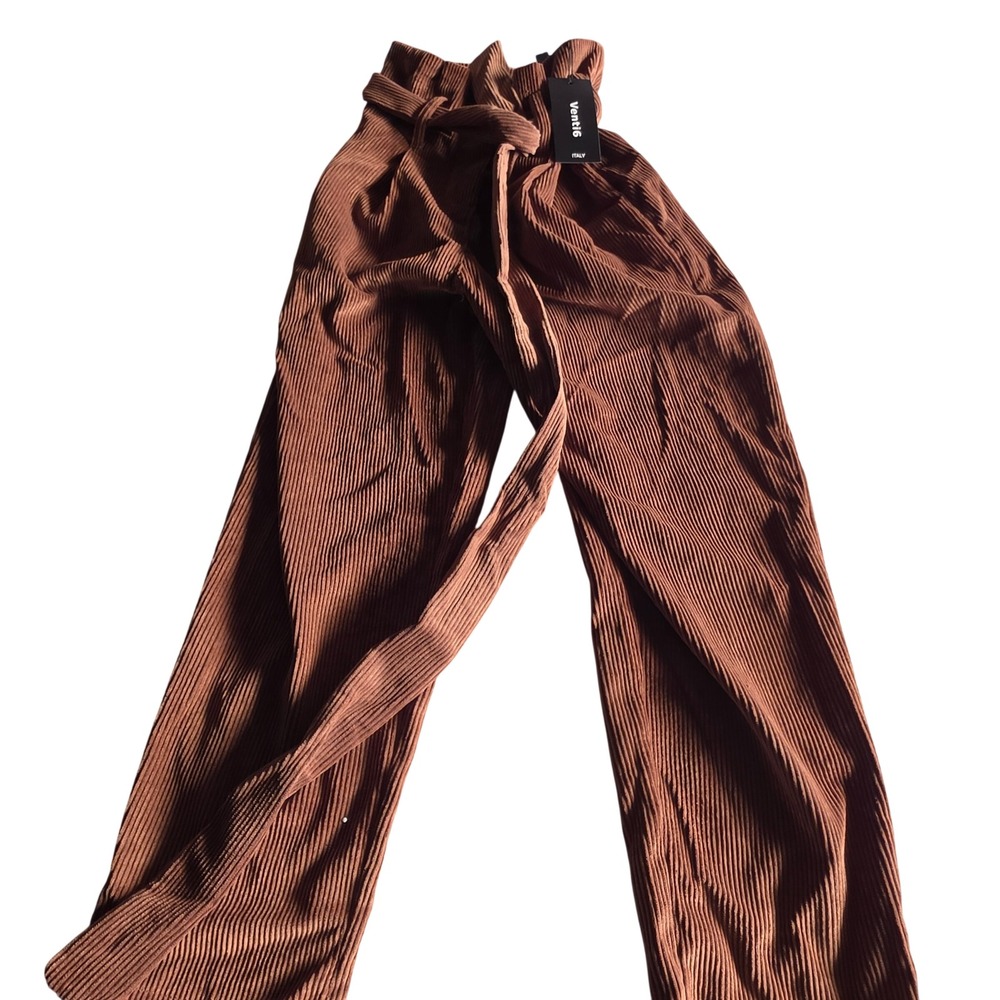 Venti6 Italy Brown Ribbed Paperbag Waist Wide Leg Pants Small NWT